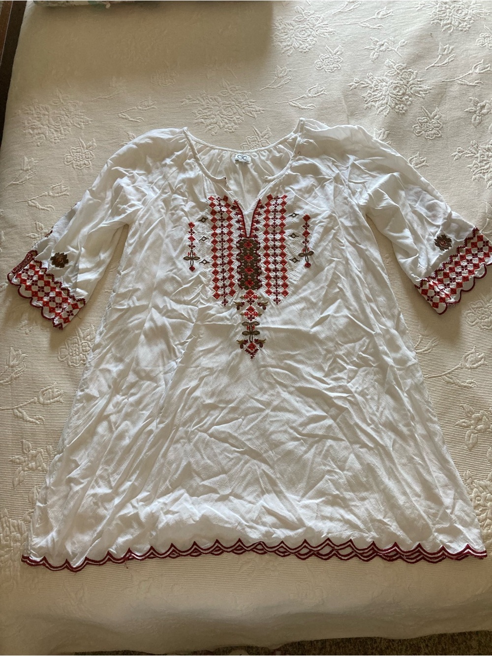 Women’s White Embroidered Swim Coverup with Red Accents